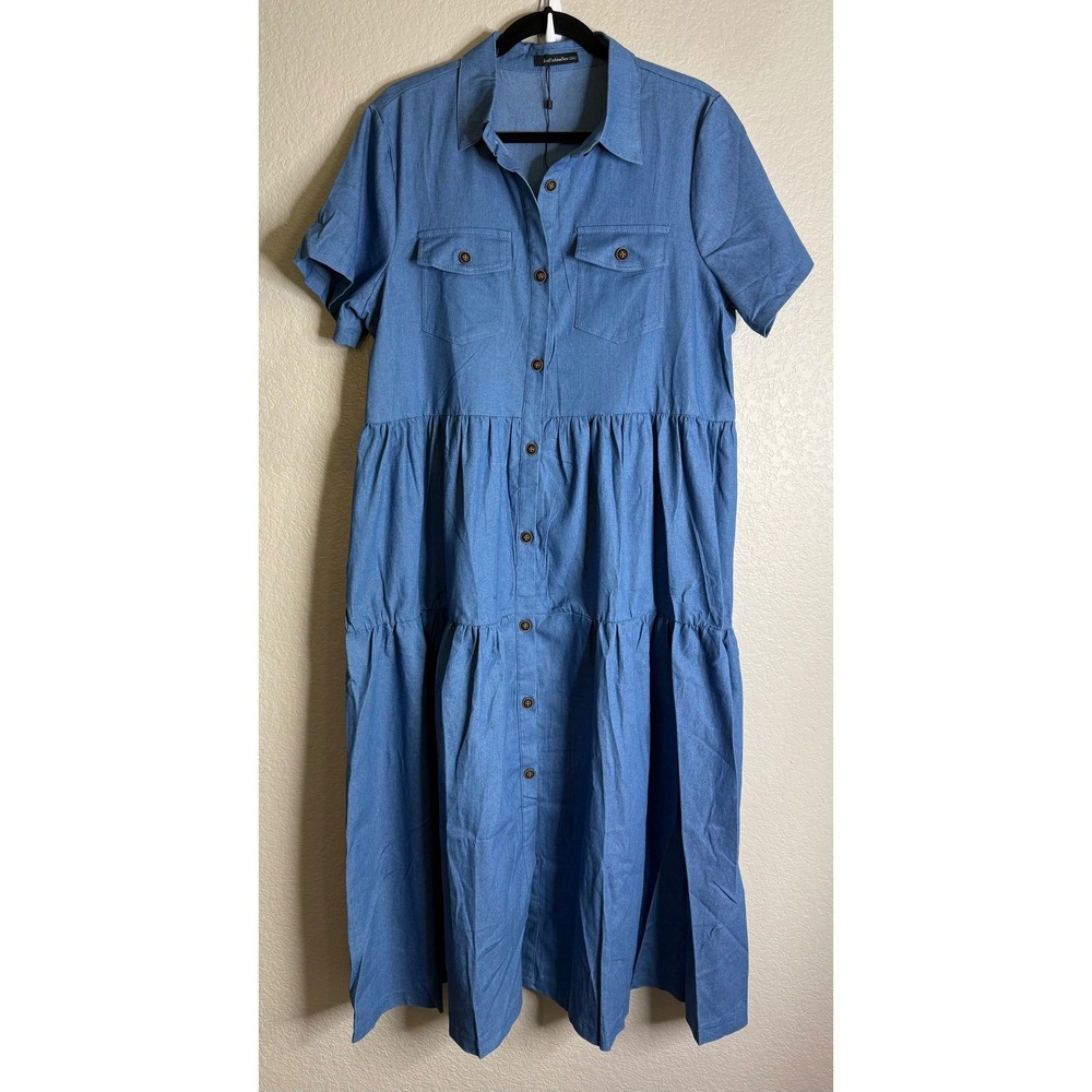 JustFashionNow 3XL Shirt Dress Blue Denim Tiered Button Front Maxi Pocket‎ NEW